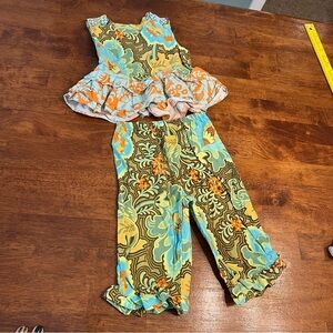 Willy Dilly Floral Ruffle Top and Pants Set blue green tan size 3